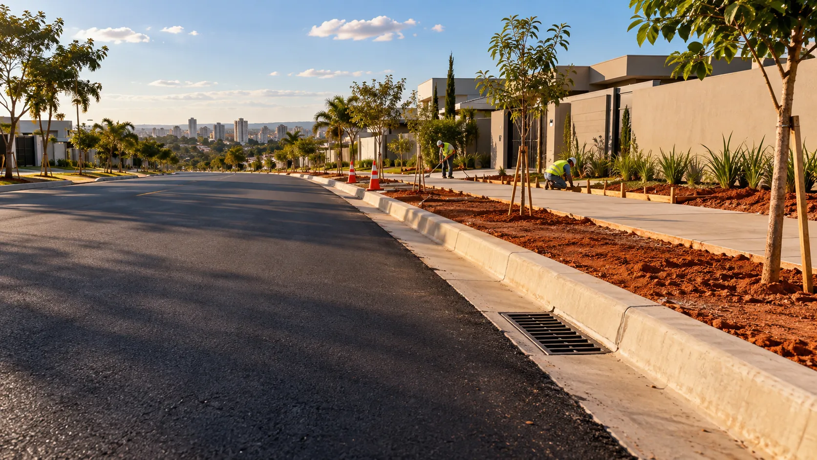 Rua recém-asfaltada com meio-fio, sarjeta, boca de lobo e calçada nova, com operários finalizando o paisagismo e a cidade de Goiânia ao fundo